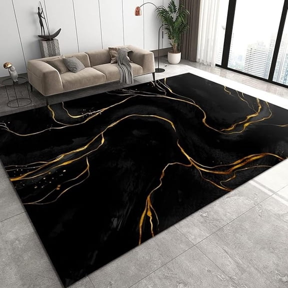 Black And Gold Marble Lines Kids Area Rug, Abstract Luxury Indoor Non-Slip Print Carpet, Machine Washable Breathable Durable Rugs For Front Entrance Floor Decor 5x8ft