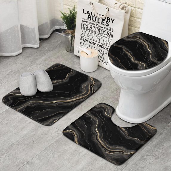 Black Gold Marble Pattern Bathroom Rugs Sets 3 Piece,Toilet Cover Set,Absorbent Non Slip Bathroom Mats Sets with U-Shaped Contour Rug Toilet Rug Set