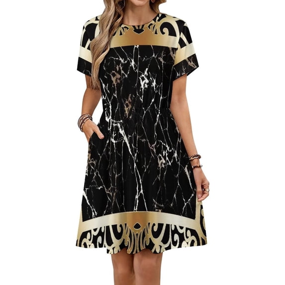 Black Gold Marble Pattern Dress Summer Street Style Dresses Female Short Sleeve Printed Sundress