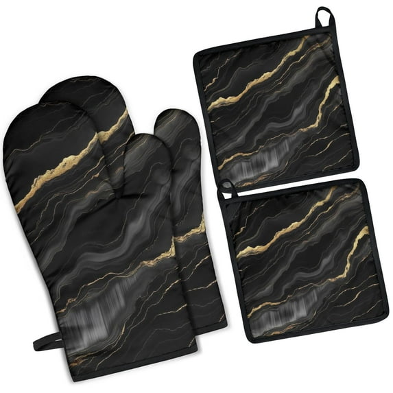 Black Gold Marble Pattern Kitchen Oven Mitt and Pot Holder Sets 2 Pcs for Baking, Cooking and Grilling, Heat Resistant Up To 392 °F