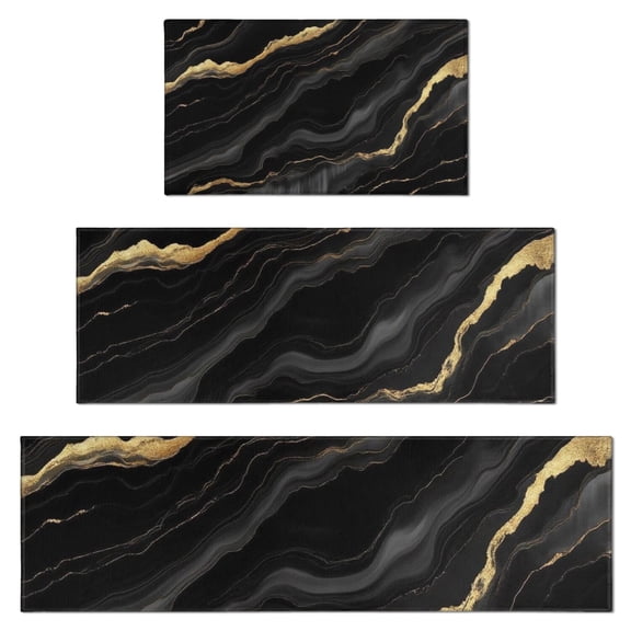 Black Gold Marble Pattern Kitchen Rugs Sets Of 3,Kitchen Runner Rugs Non Skid Washable,Decorative Kitchen Floor Mats for Kitchen,Sink,Laundry,17"x30"+ 17"x47" + 17"x59"