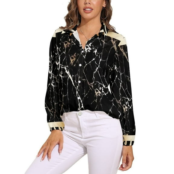 Black Gold Marble Pattern Long Sleeve Blouse Woman Streetwear Casual Shirts Summer Oversize Woman Streetwear Clothing Birthday Present