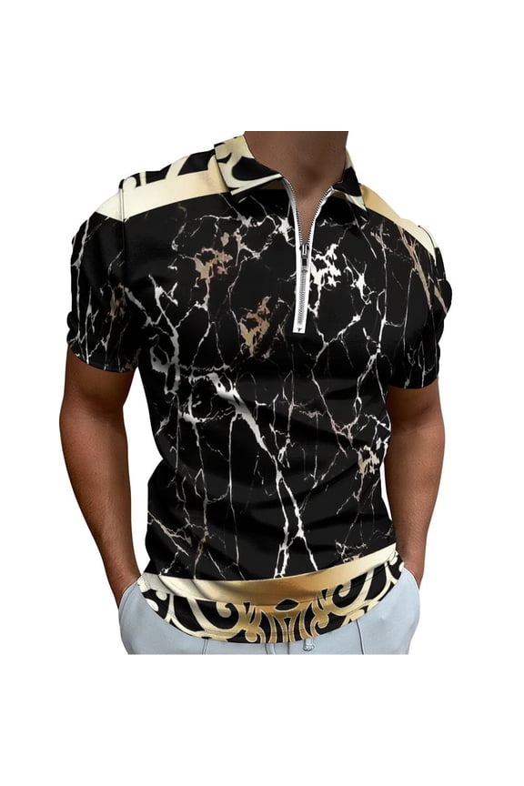 Black Gold Marble Pattern Men Zipper T-shirt Summer Casual Short Sleeve T-shirt Top