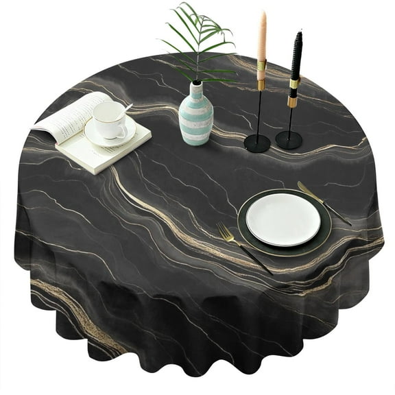 Black Gold Marble Pattern Round Tablecloth 60"x60",Wrinkle Wipeable Table Cloth for Kitchen Dining Room Picnic Patio Party