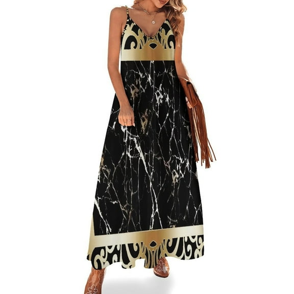 Black Gold Marble Pattern Sleeveless Dress Loose Women's Dress Dresses Luxury Evening Dresses