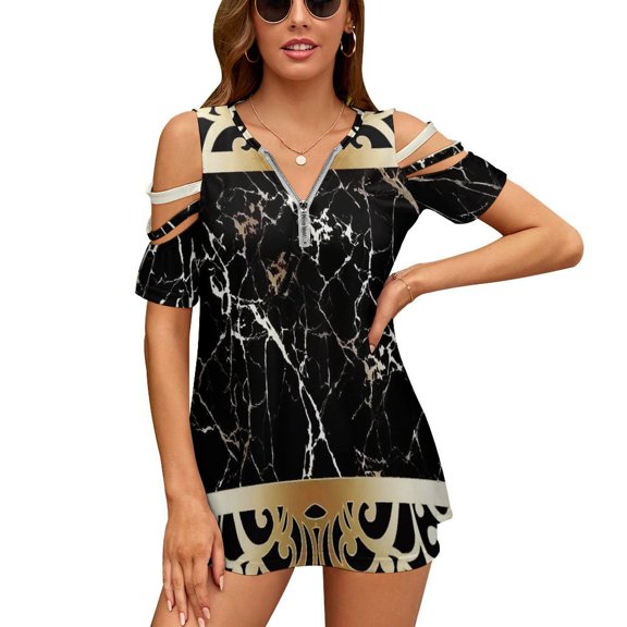 Black Gold Marble Pattern Womens Summer V Neck Zipper Top Short Sleeve T Shirt Off Shoulder Top Casual Classy Loose Shirts