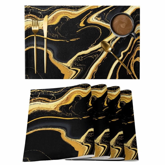 Black Gold Marble Placemats Set of 2, Cotton Linen Fabric Place Mats, Modern Geometric Textured Washable Decorative Table Mats Protector for Home Kitchen Dining Wedding Party Coffee Tables