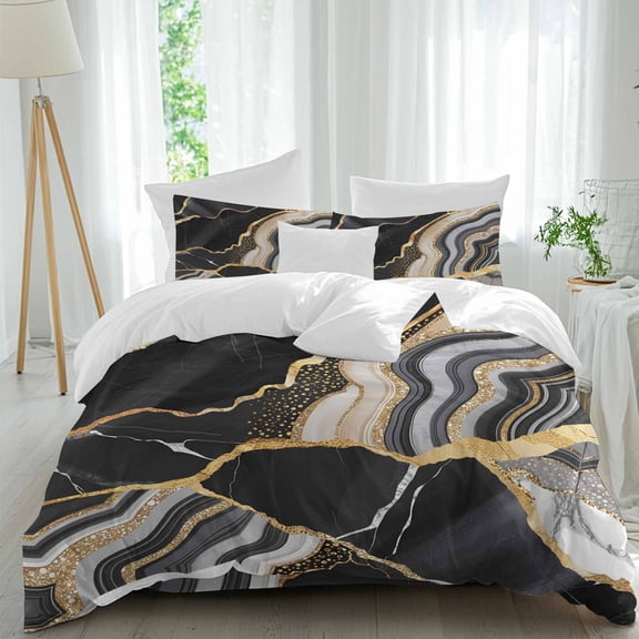 Black Gold Marble Queen Size Comforter Set, Glitter Geometric Marble Foil Texture Bedding for All Seasons, 4 Pcs Bed Set, 1Quiltcover (90"x92") ,1Sheet(94"x116"), 2Pillowcases (30"x20")