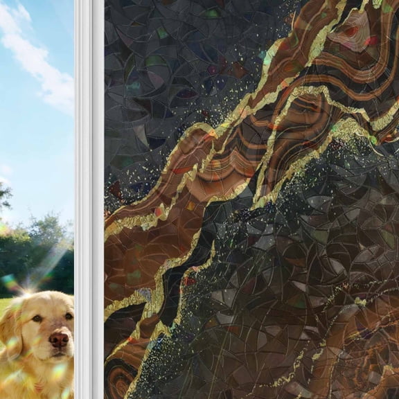 Black Gold Marble Rainbow Window Privacy Film, Brown Luxury Modern Abstract Wave Texture Stained Glass Window Film, Sun Blocking Static Cling Non Adhesive Door Stickers 17.7 x 39.3 Inches