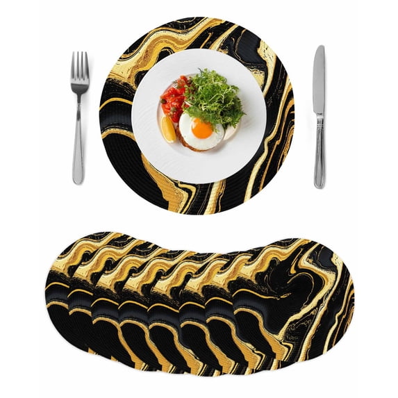 Black Gold Marble Round Placemats Set of 8 for Dinning Tables,Heat-proof Braided Table Mats 13 Inch,Modern Geometric Textured Washable Place Mat for Kitchen Restaurant Party Decor Table Setting