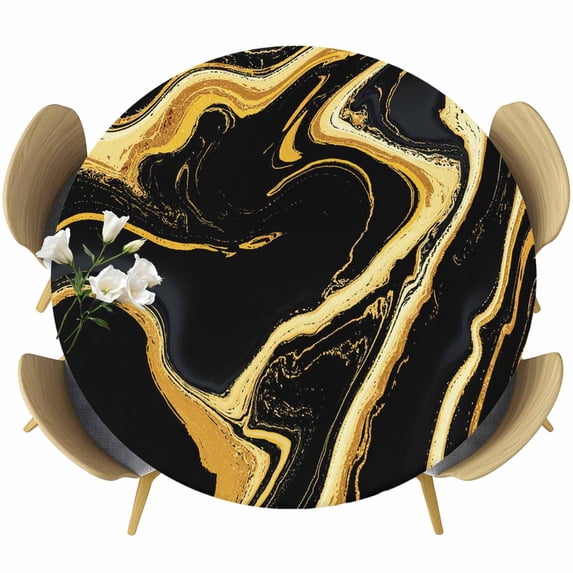 Black Gold Marble Round Tablecloth, Fitted Table Cover with Elastic for 45"-54" Round Tables, Modern Geometric Textured Table Cloth Outdoor Indoor Dinning Party Waterproof Tablecloths