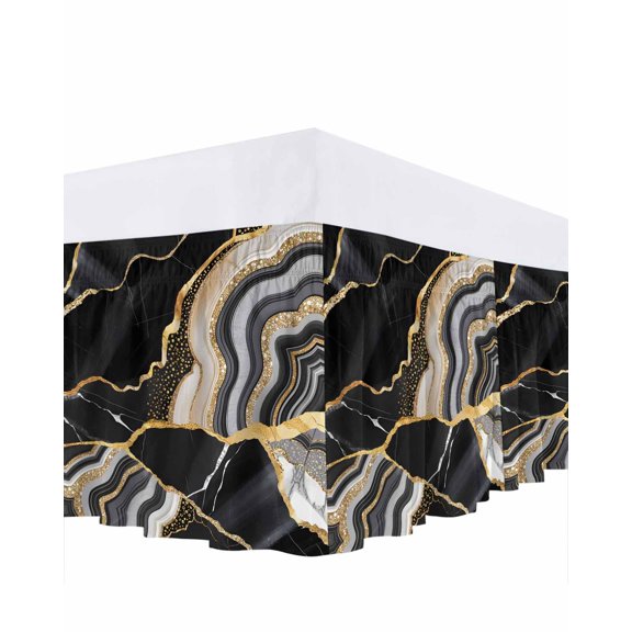 Black Gold Marble Ruffle Bed Skirt Queen Size Glitter Geometric Marble Foil Texture Adjustable Elastic Dust Bed Skirts Wrap Around Bedskirt Wrinkle Free Easy Fit with 16 Inch Drop