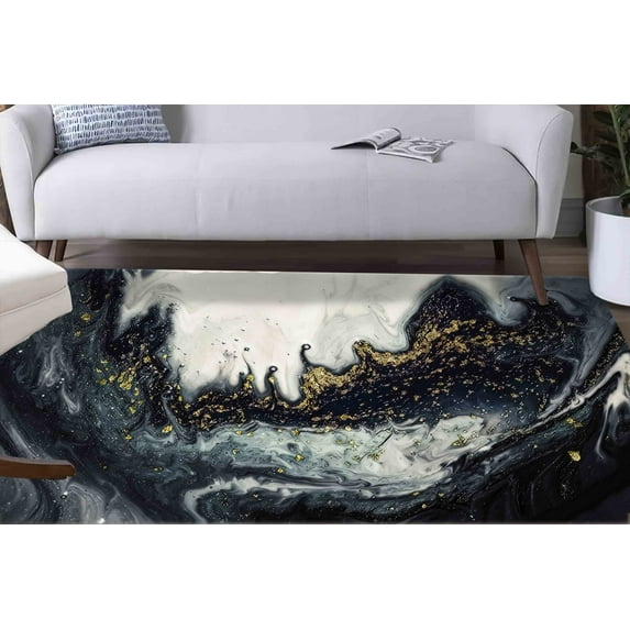 Black And Gold Marble Rug, Luxury Marble Rugs, Alcohol Ink Rug, Accent Rug, Printed Rug, Thick Rug, Housewarming Gift, Pattern Soft Rug, 2.6'x6.5' - 80x200 cm