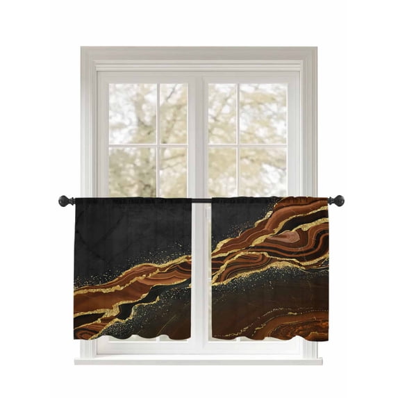 Black Gold Marble Sheer Curtains 2 Panels Set Brown Luxury Modern Abstract Wave Texture Lihgt Filtering Rod Pocket Voile Drape, Semi Sheer Window Curtains for Bedroom Living Room, 52"x45"