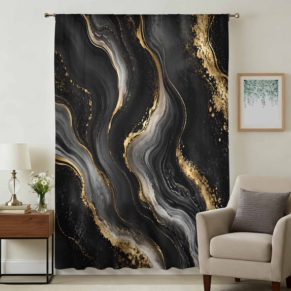 Black Gold Marble Sheer Curtains 96 Inches Long, Luxury Modern Abstract Art Light Filering Curtains, Privacy Drapes Simi Floor to Veiling Curtain for Living Room Bedroom Large Window Treatment