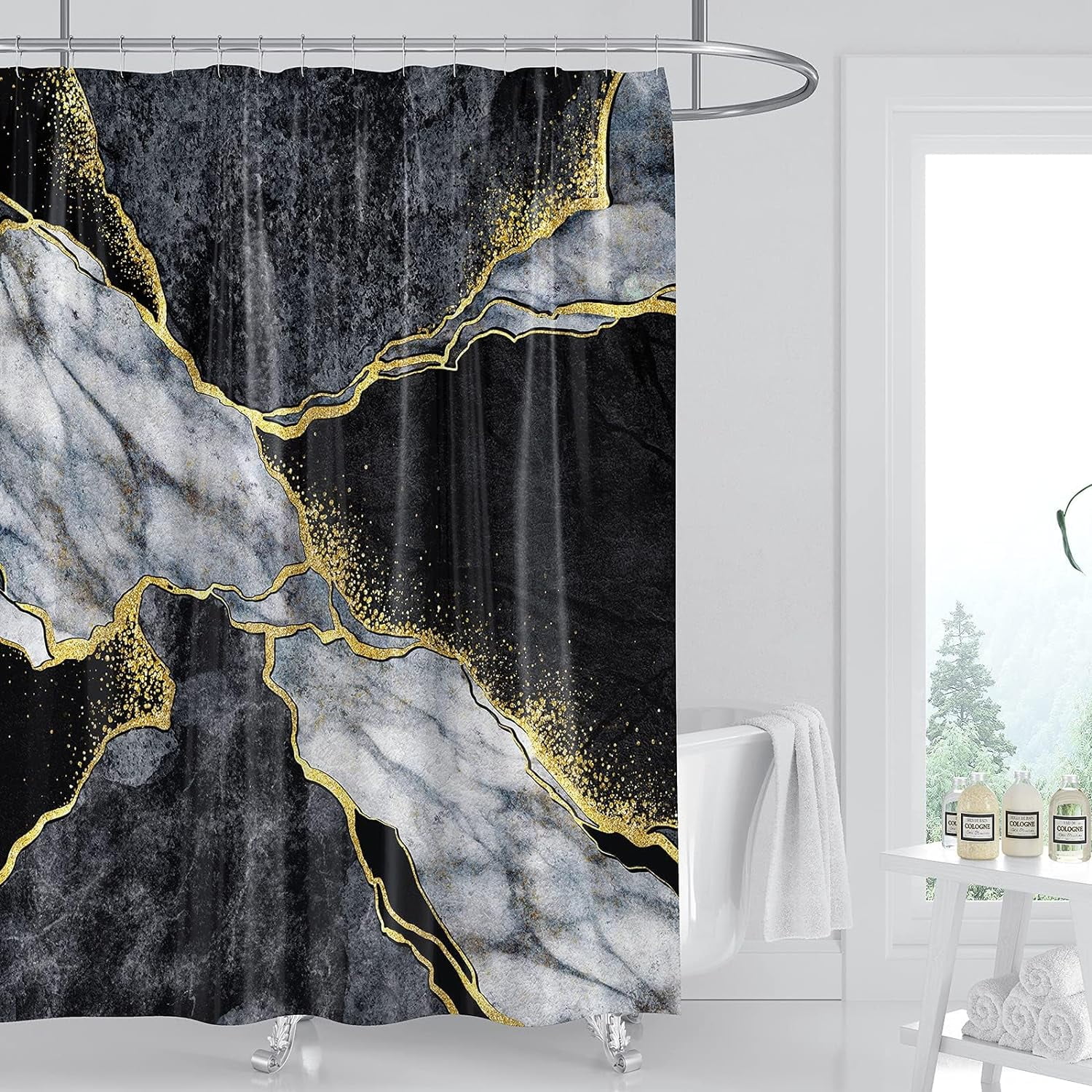 Black Gold Marble Shower Curtain,Black Golden Cracked Lines Abstract ...