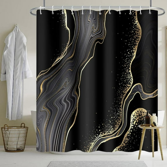 Black and Gold Marble Shower Curtain Modern Luxury Abstract Shower Curtains Decorative for Bathroom Bathtubs Polyester Waterproof Fabric Shower Curtain with Hooks 72x84 Inches