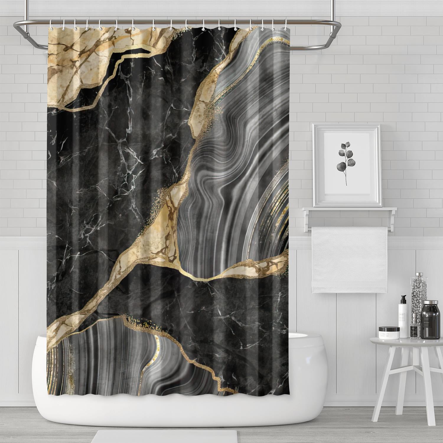 Black Gold Marble Shower Curtain Set 72x72 Inches Crack Ink Texture