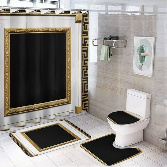 Black Gold Marble Shower Curtain Set Modern Bathroom Decor Mats 4pcs Fabric Bathroom Curtain Slip Floor Rug Toilet Lid