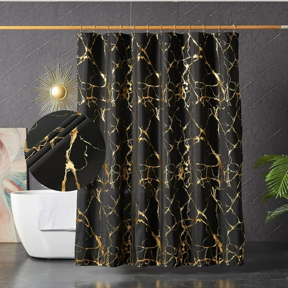 Black and Gold Marble Shower Curtains for Bathroom,Glitter Shower Curtain with Hooks,Unique Foil Gold Printed,Waterproof,Washable,Fabric-72"W x 84"L (Pack of 1)