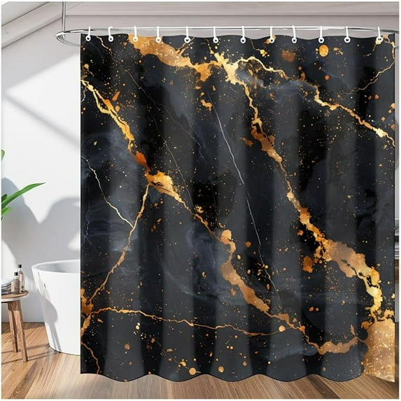 Black Gold Marble Shower Curtains For Bathroom Polyester Bathroom Curtain With 12 Hooks Waterproof Decorative Bath Curtain For Showers Washable Bathtub Curtain 72"W x 96"L