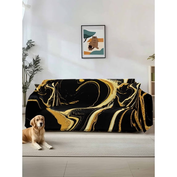 Black Gold Marble Sofa Cover Blanket Couch Covers for Armchair Cushion,Couch Sofa Silpcover with Tassel,Living Room Bedroom Throw Towel Blanket Covers for Pets Modern Geometric Textured S 71"x91"
