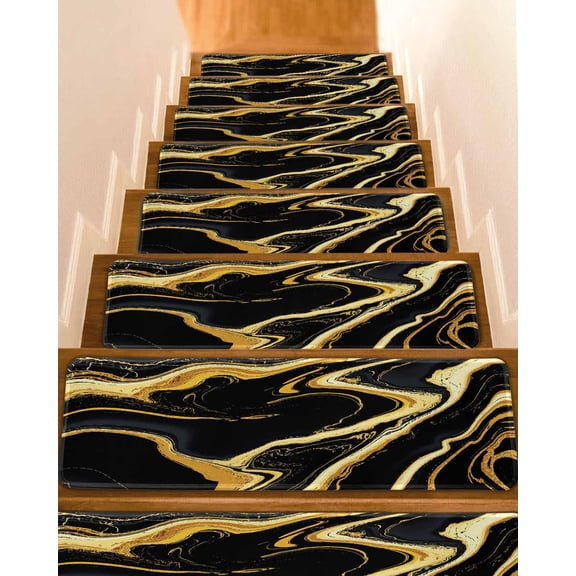 Black Gold Marble Stair Treads for Wooden Steps Indoor Runner Rug Carpet, Modern Geometric Textured 4 Pieces Peel and Stick Staircase Step Treads Covers Washable Throw Door Mats, 30"x8"