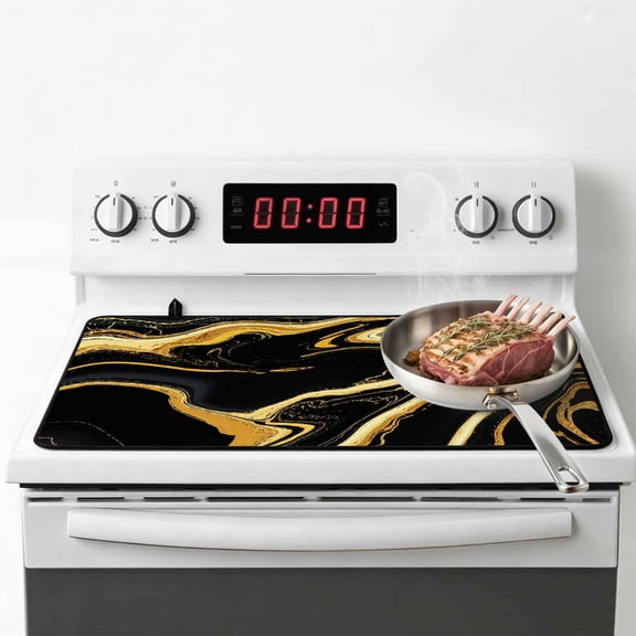 Black Gold Marble Stove Top Cover for Electric Stove, Heat-proof & Non Slip Glass Top Stove Cover Protector, Modern Geometric Textured Kitchen Flat Cooktop Rubber Mat 28.5x20.5 Inches