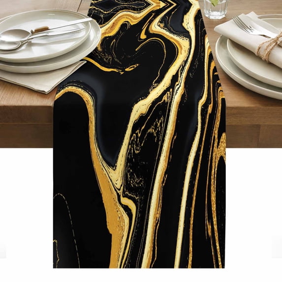 Black Gold Marble Table Runner - 72 Inch Long, Kitchen Dining Table Runner Dresser Scarves, Modern Geometric Textured Farmhouse Decor for Coffee Tables Wedding Party Banquet