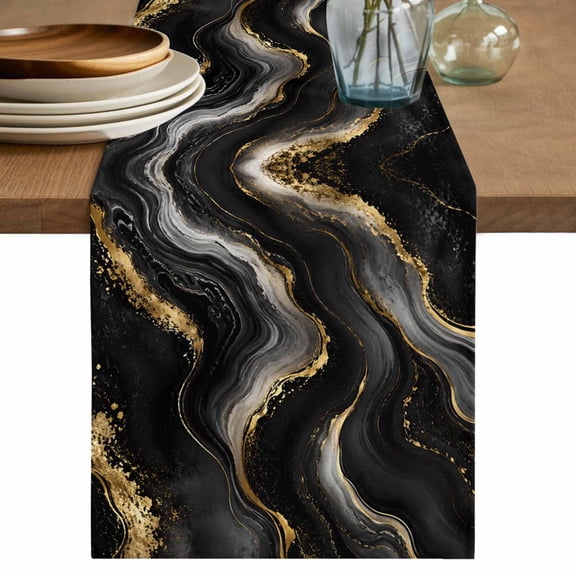 Black Gold Marble Table Runner, Luxury Modern Abstract Art Washable Cotton Linen Table Runners 36 Inches Long, Dresser Scarf Runner for Nightstand/End Tables/Round Tables 13''x36''