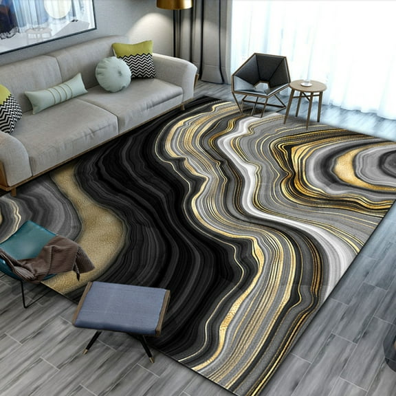 Black Gold Marble Texture Area Rug Modern Abstract Kitchen Runner Gold Glitter Swirl Print Rugs For Living Room Home Carpet Non Skid Floor Mat 5' x 6'
