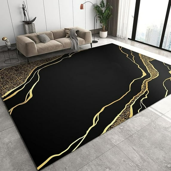 Black Gold Marble Texture Area Rug, Retro Abstract Luxury Golden Texture Soft Washable Rug, Anti-Slip Backing Decorative Rug For Living Room Bedroom Kitchen Dining Room 5x6ft