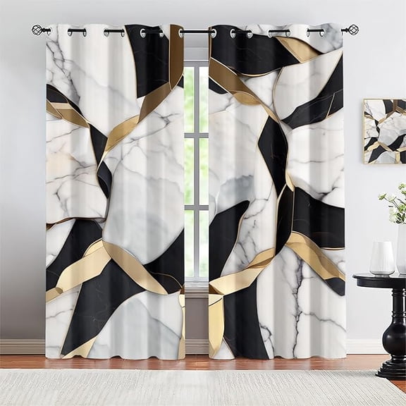 Black Gold Marble Texture Background Curtain, Abstract Geometric Black White Art Design Privacy Curtains, Grommet Top Thermal Insulated Curtains For Living Room Bedroom 26"W x 45"L (Pack of 2)