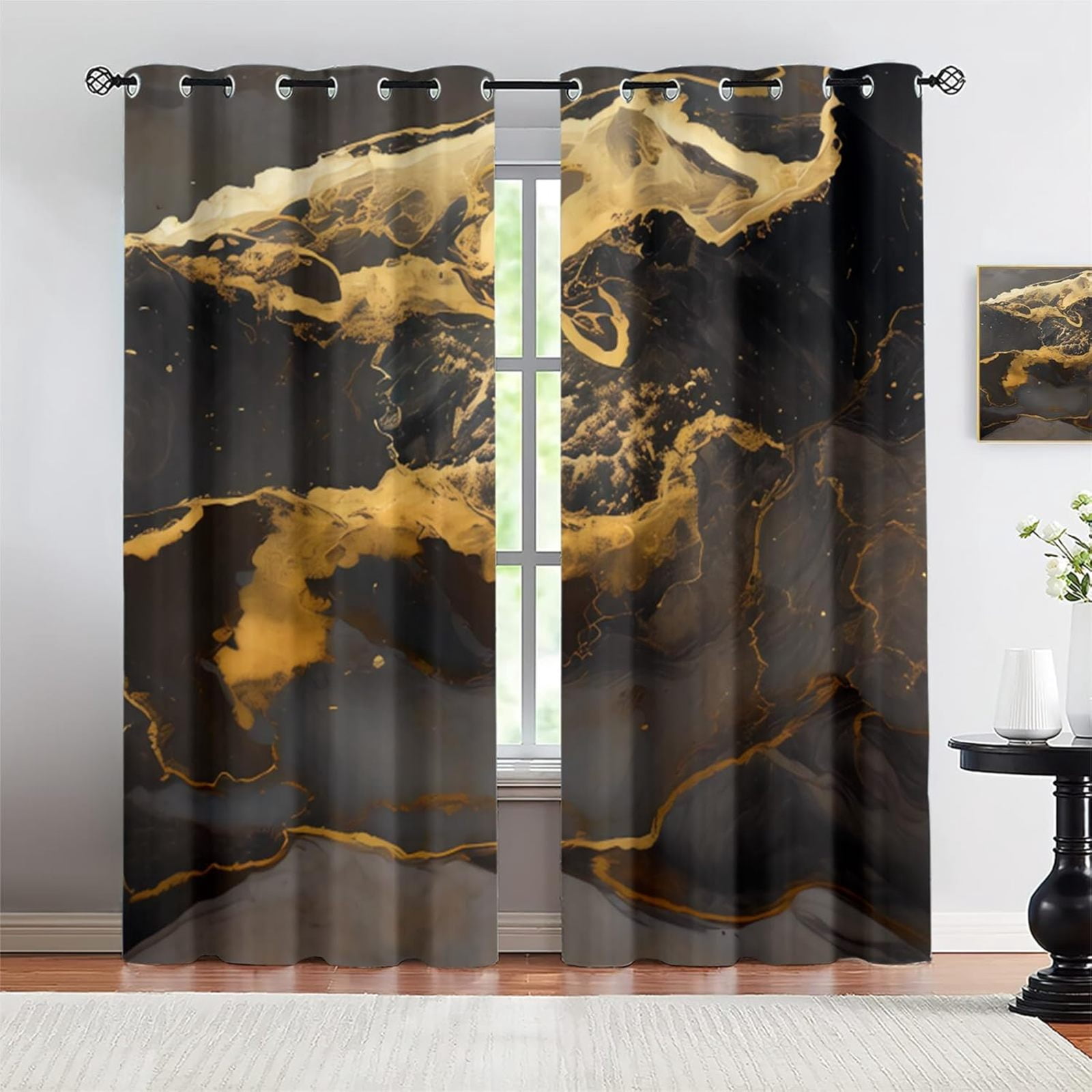 Black And Gold Marble Texture Blackout Curtains, Golden Mountain Art