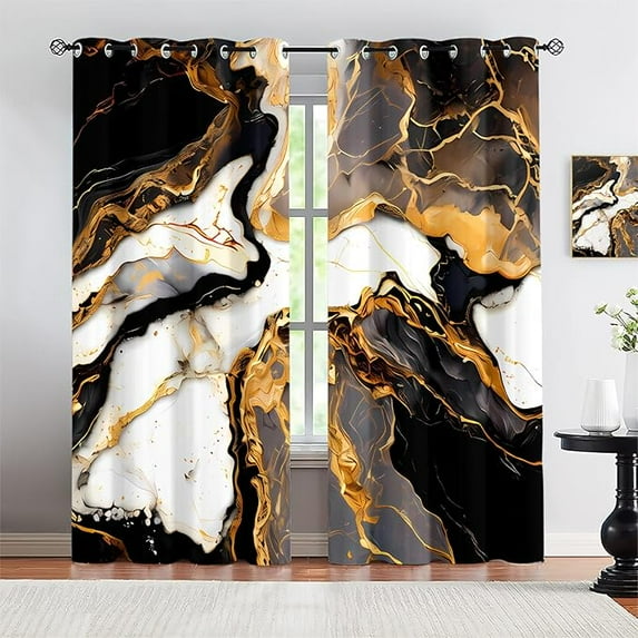 Black Gold Marble Texture Blackout Curtains, Luxurious Gold Foil Fluid Stripes Curtains, Grommet Thermal Insulated Window Drapes For Living Room Bedroom Kitchen Decor 42"W x 84"L (Pack of 2)