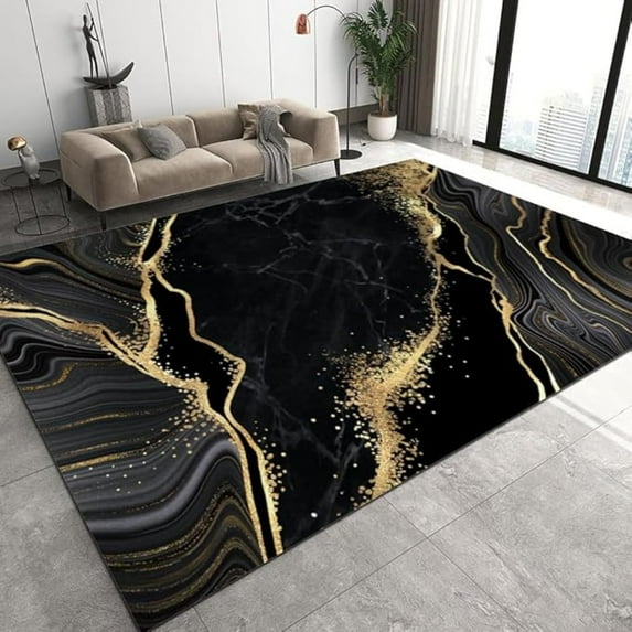 Black Gold Marble Texture Indoor Area Rug, Luxurious Abstract Gold Leaf Art Home Decor Rug, Non-Slip Soft Washable Carpet For Dining Room Office Bedroom Living Room 5x6ft