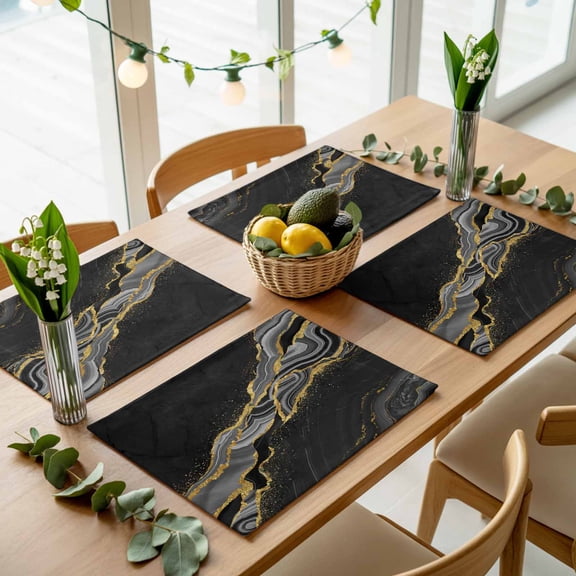 Black Gold Marble Texture Pattern Placemats Set of 4,Wipeable Washable Table Mats for Dining Tables, Classic Geometric Line Place Mats for Kitchen Event Party Tabletop Decor