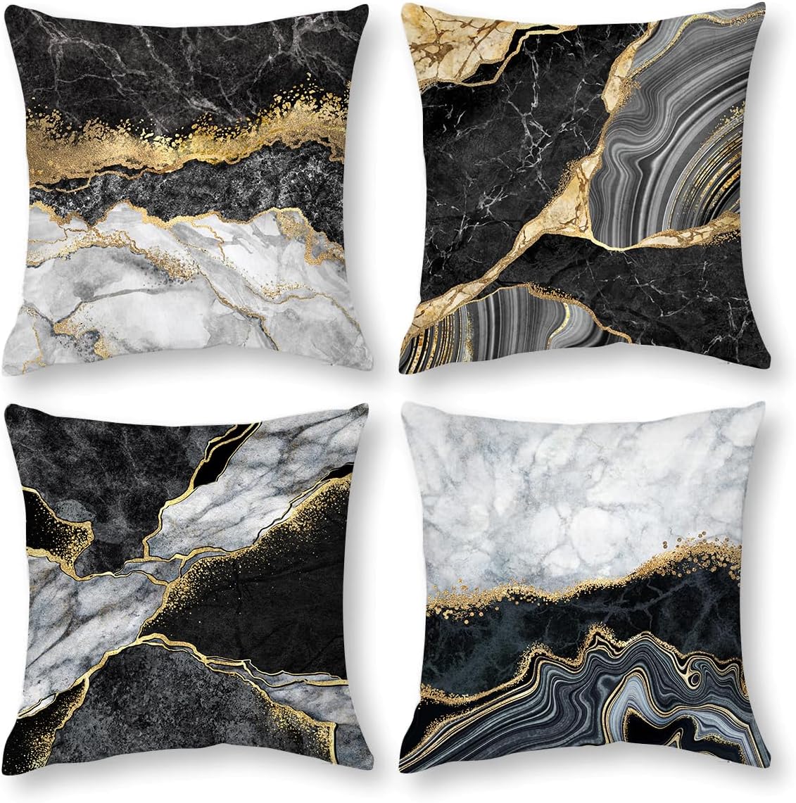 Black Gold Marble Texture Pillow Covers Set of 4 18x18 Inch Gold and Black Grey Throw Pillow Cases for Couch Sofa Bedroom Living Room Decor Luxurious Cushion Cover for Elegant Homes