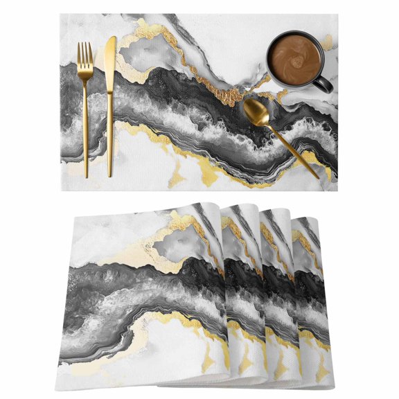 Black Gold Marble Texture Placemats Set of 6,Wipeable Washable Table Mats for Dining Tables, Abstract Modern Stone Style Place Mats for Kitchen Event Party Tabletop Decor