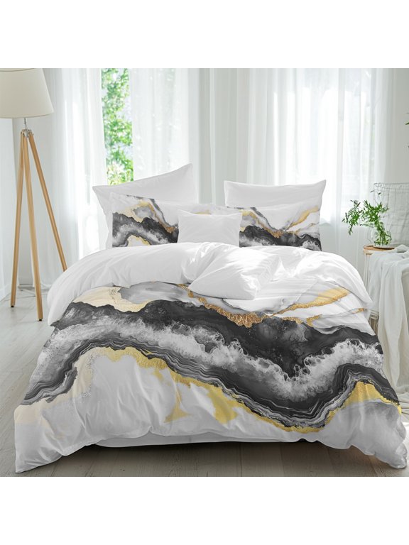 Black Gold Marble Texture Queen Size Bed Set,Abstract Modern Stone Style Bedding for All Seasons,4 Pcs Bed Set,1 Quiltcover (90"x92"),1 Sheet(94"x116"),2 Pillowcases (30"x20")
