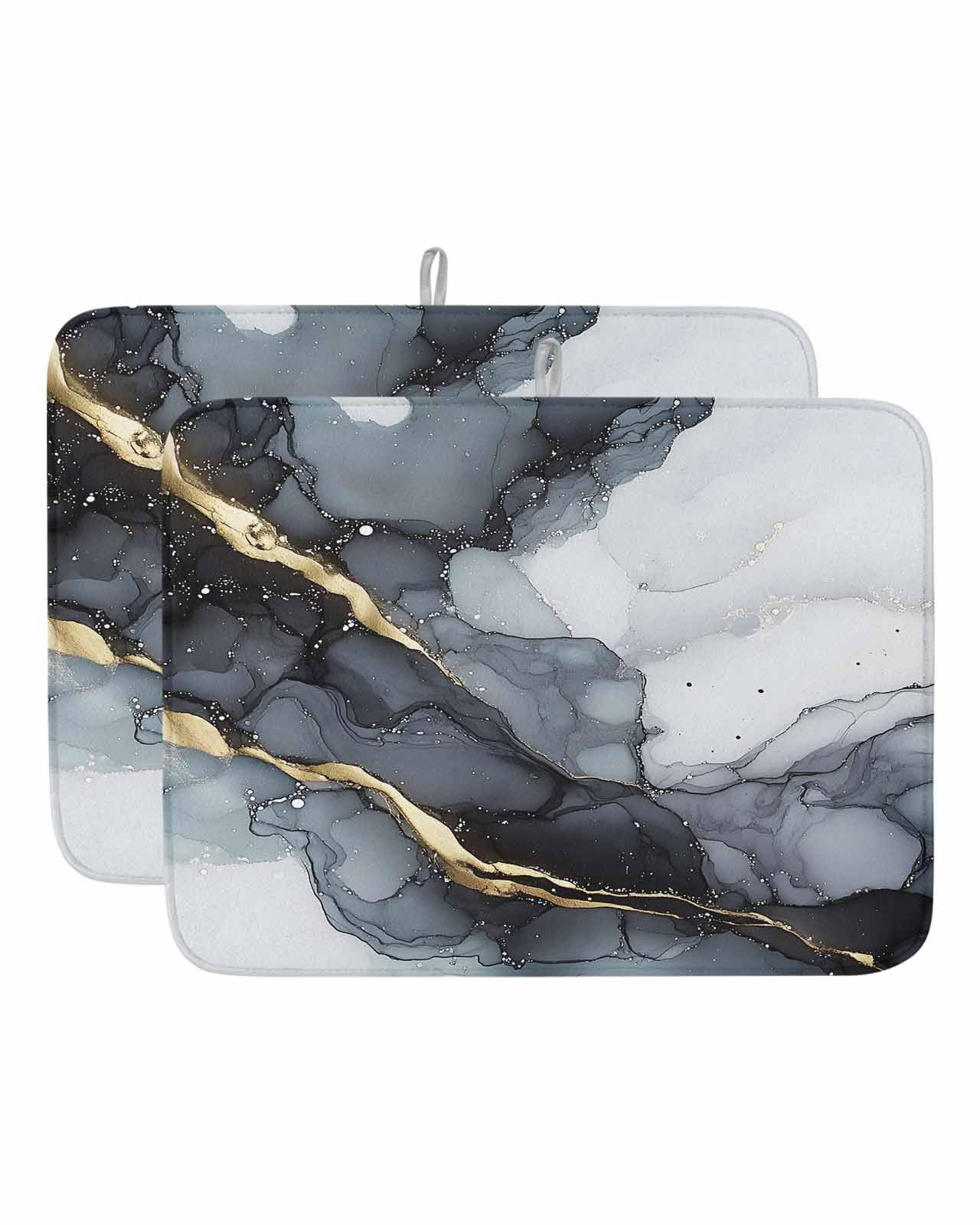 Black Gold Marble Textured Dish Drying Mat, Abstract Modern Art ...