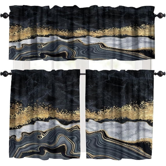 Black Gold Marble Valances Set for Kitchen, Black Gold Abstract Marble Texture Modern Luxury Home Decor Rod Pocket Window Drapes for Living Room Dining Room Office 52x18 Inch + 27x36 Inch X 2
