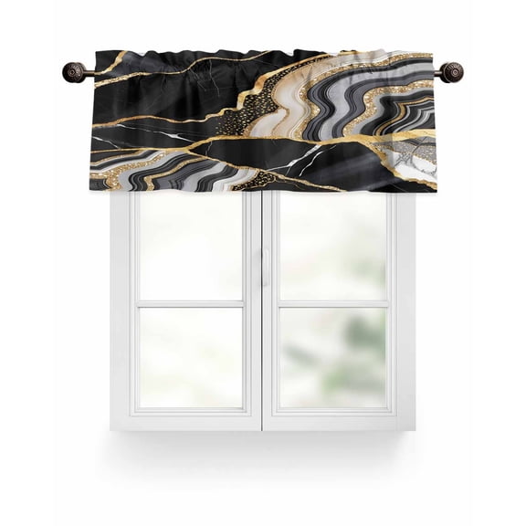 Black Gold Marble Valances for Windows Glitter Geometric Marble Foil Texture Valance Rod Pocket Light Filtering Short Window Treatments Curtains for Kitchen Bathroom Living Room Bedroom, 54 x 18 Inch