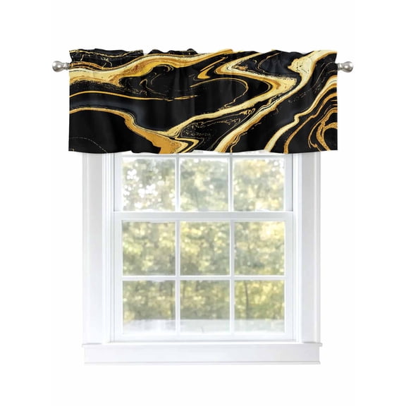 Black Gold Marble Valances for Windows, Rod Pocket Kitchen Valance Curtains - Soft & Washable Small Window Treatment for Living Room,&nbsp;Bathroom, Abstract Fluid Art , 42x12 Inch, 1 Panel