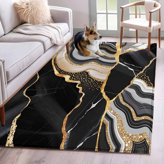 Black Gold Marble Washable Area Rugs 4'x6', Glitter Geometric Marble Foil Texture Low Pile Throw Living Room Rug Non-Slip Sturdy Edge Binding Carpet for Indoor Entryway Bedside Kitchen