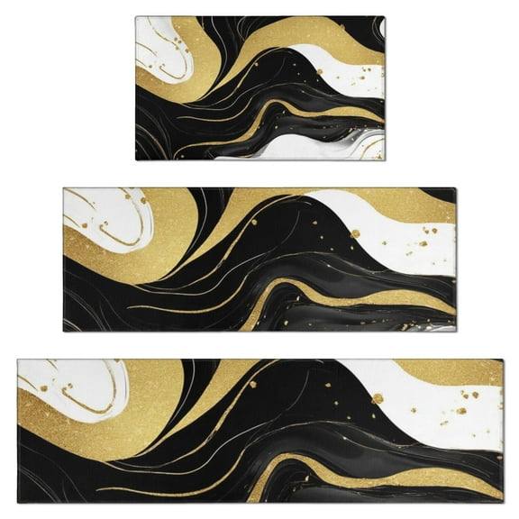 Black and Gold Marble Wavy Lines Pattern Kitchen Rugs Sets Of 3,Kitchen Runner Rugs Non Skid Washable,Decorative Kitchen Floor Mats for Kitchen,Sink,Laundry,17"x30"+ 17"x47" + 17"x59"