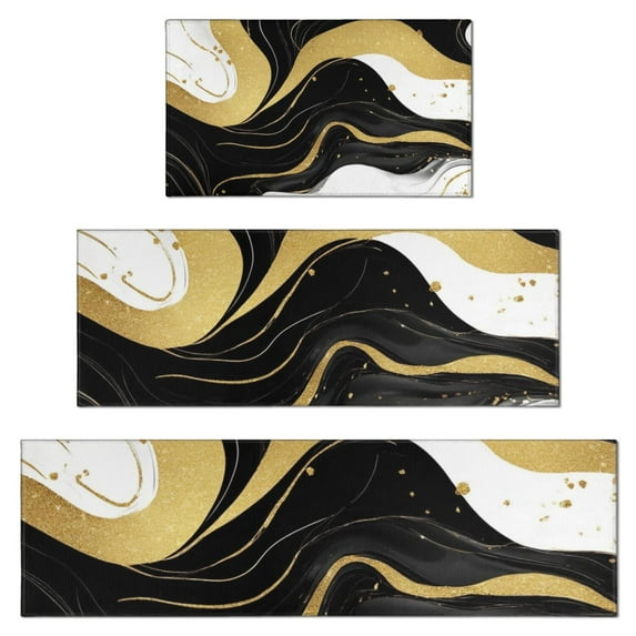 Black and Gold Marble Wavy Lines Pattern Kitchen Rugs Sets Of 3,Kitchen Runner Rugs Non Skid Washable,Decorative Kitchen Floor Mats for Kitchen,Sink,Laundry,17"x30"+ 17"x47" + 17"x59"