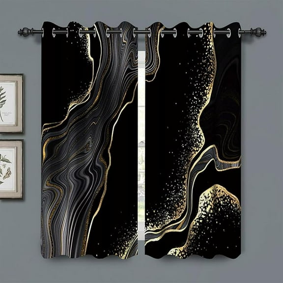 Black And Gold Marble Window Curtains For Bedroom - Art Fluid Gold Texture Drapes For Living Room - Modern Luxury Fashion Design Blackout Grommets Curtains 26"W x 45"L (Pack of 2)