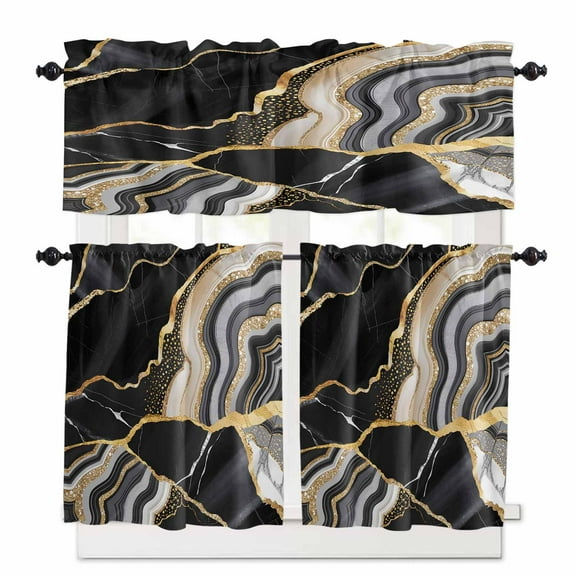 Black Gold Marble Window Curtains Valance Set of 3 Glitter Geometric Marble Foil Texture Rod Pocket Small Kitchen Curtain, Soft Window Treatment for Bedroom Party Holiday Decor