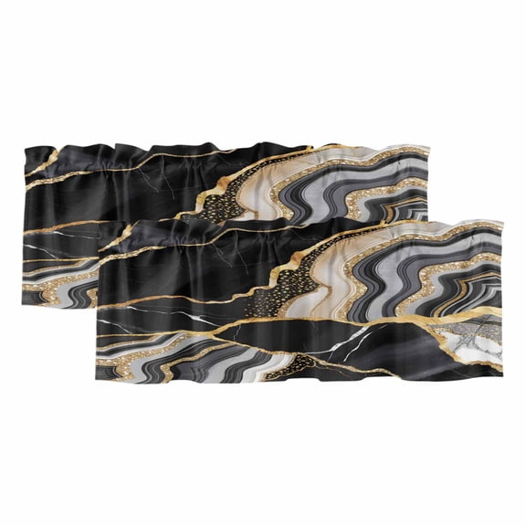 Black Gold Marble Window Valance, Glitter Geometric Marble Foil Texture 2 Pack Decorative Curtain for Small Windows, Light Filtering Valance with 3” Rod Pocket, 42"W x 12"L